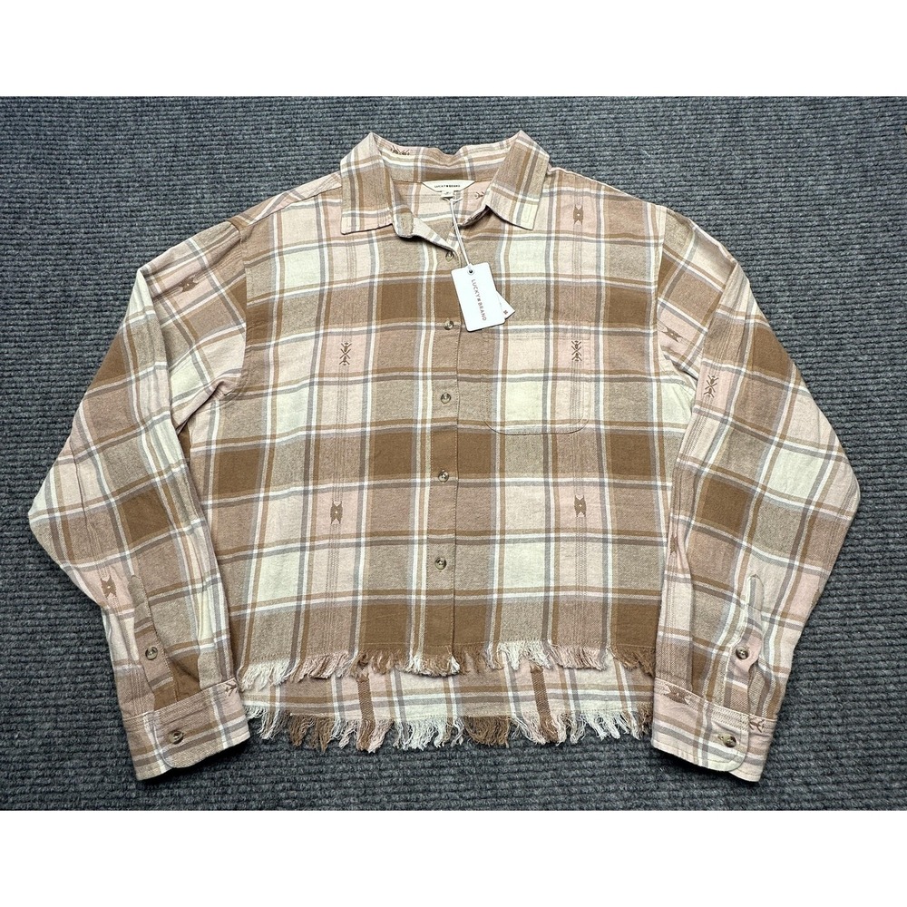 Lucky Brand Shirt Womens Medium Brown Plaid Cropped Fringe Button Up Long Sleeve